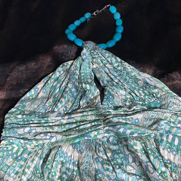 NWT SKY HALTER TOP L, green, cream and blue design, turquoise necklace - Picture 1 of 7